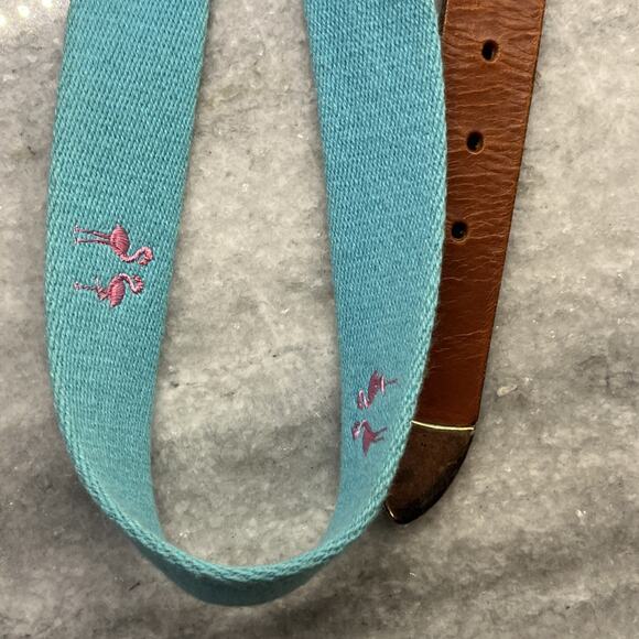 Leather Man Flamingo Embroidered Canvas Leather Belt Mens 32 Blue Pink Handmade - Picture 6 of 9